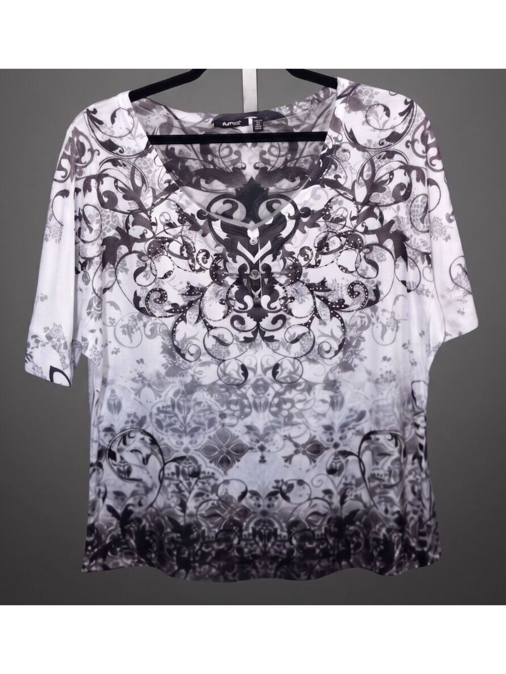 Apt. 9 Gray Ombre Damask Print Rhinestone Embellished Top Plus Size 2X